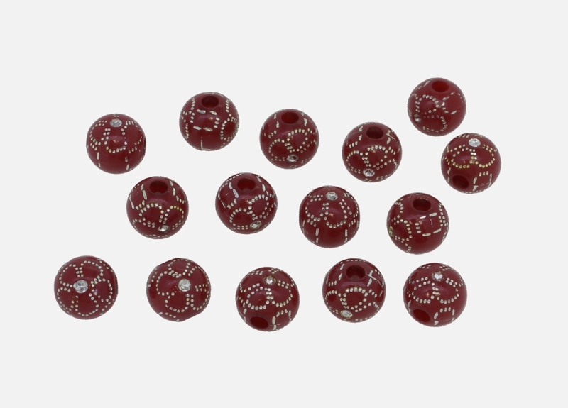 OPAQUE SILVER WASHED PLASTIC BEADS - SILVER THREAD - BALL FLOWER 02 - 10mm BORDEAUX (DARK) - 50g Hole-3.0mm (93pcs.)