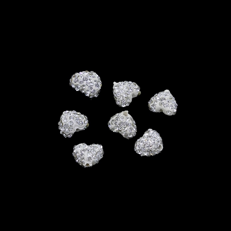 SHAMBALA TYPE - POLYMER WITH CRYSTALS - HEART - 9x10x6mm WHITE - PACKAGE 50pcs. Hole-1.5mm