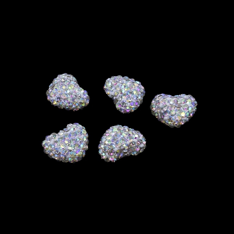 SHAMBALA TYPE FOR PIN - POLYMER WITH CRYSTALS - HEART - 16x13x8mm WHITE AB - PACKAGE 40pcs. Hole-1.0mm