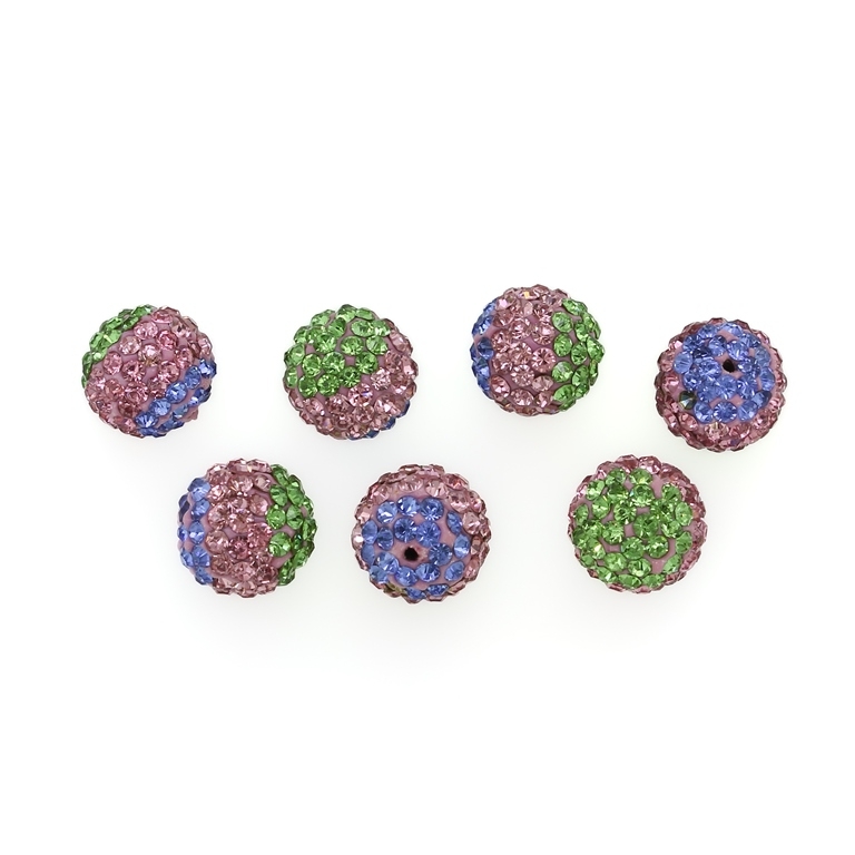 SHAMBALA TYPE FOR PIN - POLYMER WITH CRYSTALS - BALL - 12mm GREEN-PINK-BLUE - PACKAGE 25pcs. Hole-1.0mm