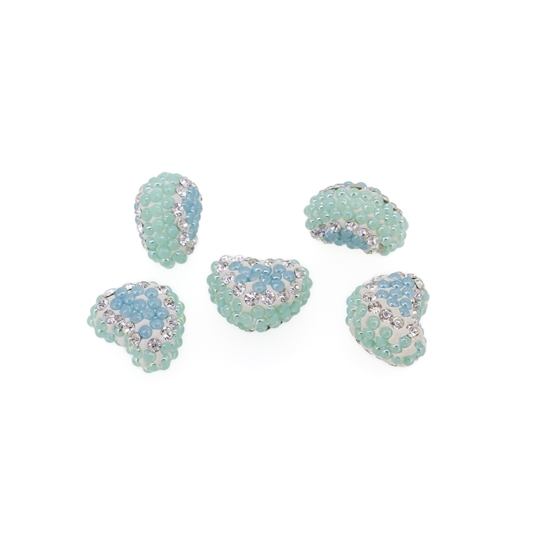 SHAMBALA TYPE FOR PIN - POLYMER WITH PEARLS AND CRYSTALS - HEART - 15x12x9mm WHITE-BLUE (LIGHT)-MINT - PACKAGE 25pcs. Hole-1.0mm