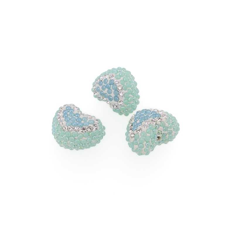 SHAMBALA TYPE FOR PIN - POLYMER WITH PEARLS AND CRYSTALS - HEART - 19x15x13mm WHITE-BLUE (LIGHT)-MINT - 4pcs. Hole-1.0mm