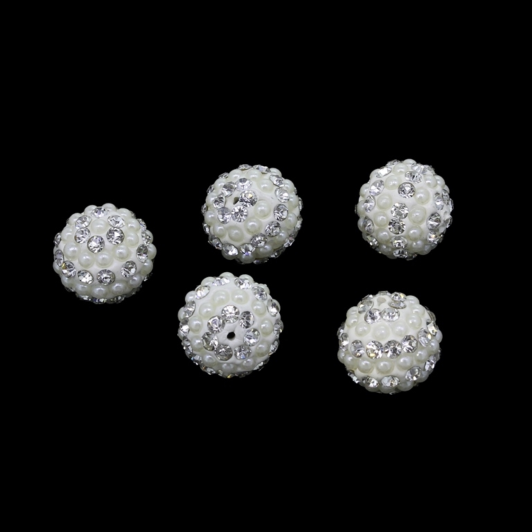 SHAMBALA TYPE FOR PIN - POLYMER WITH PEARLS AND CRYSTALS - BALL - 14mm WHITE AND ECRU - PACKAGE 25pcs. Hole-1.0mm