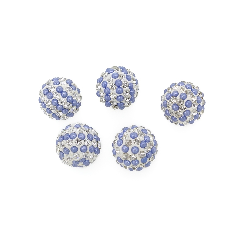 SHAMBALA TYPE FOR PIN - POLYMER WITH PEARLS AND CRYSTALS - BALL - 14mm WHITE AND BLUE - PACKAGE 25pcs. Hole-1.0mm