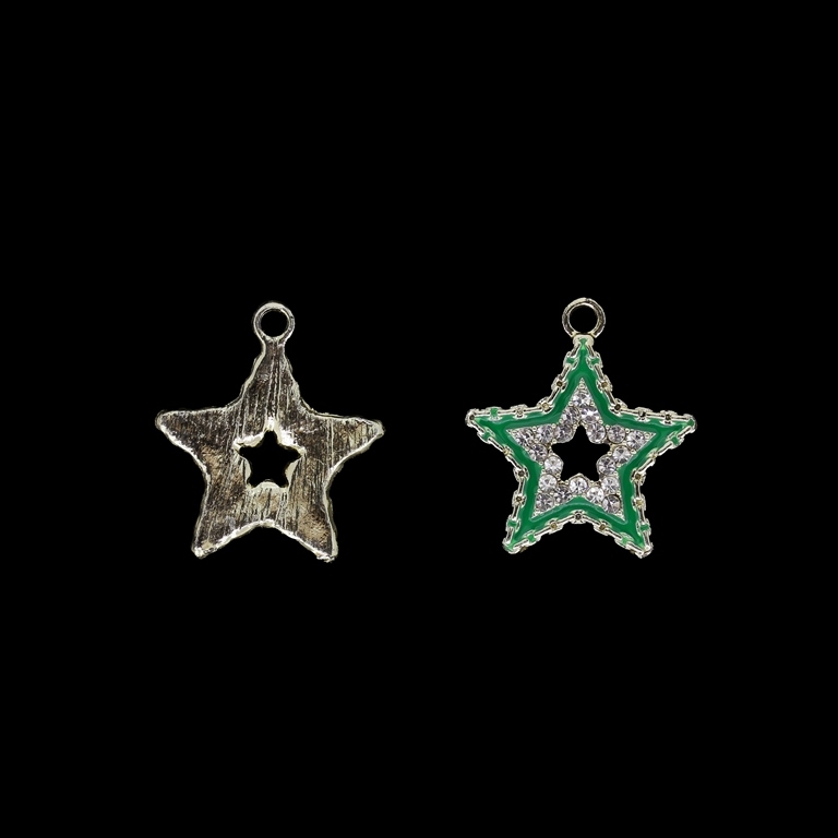 METAL BEADS WITH ENAMEL AND CRYSTALS - UV - PENDANT - STAR 07 - 20x23x2mm GOLD AND GREEN-WHITE - PACKAGE 15pcs. Hole-2.2mm