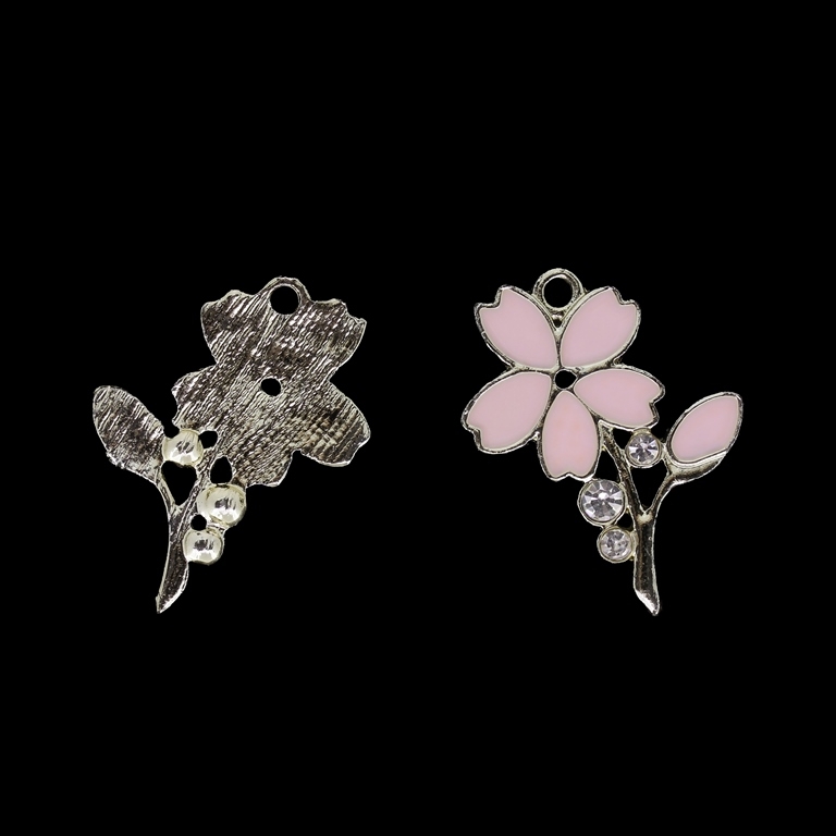 METAL BEADS WITH ENAMEL AND CRYSTALS - UV - PENDANT - FLOWER 18 - 25x32x2mm GOLD AND PINK - PACKAGE 25pcs. Hole-2.5mm