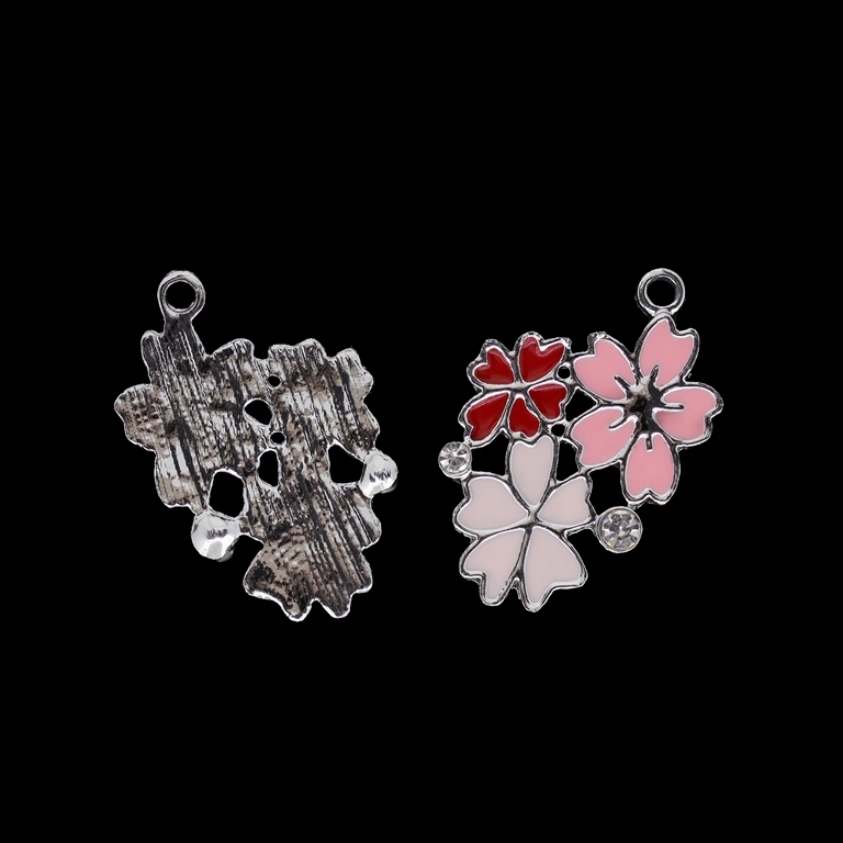 METAL BEADS WITH ENAMEL AND CRYSTALS - UV - PENDANT - FLOWERS 01 - 21x33x2mm NICKEL AND PINK-RED - PACKAGE 25pcs. Hole-2.6mm