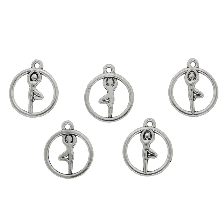 METAL BEADS - PENDANT - ROUND CONTOUR WITH GYMNAST - 16x19x2mm NICKEL - PACKAGE 80pcs. Hole-1.6mm