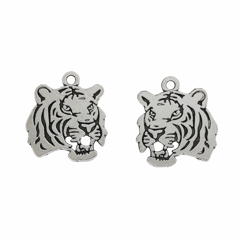 METAL BEADS - PENDANT - TIGER HEAD 01 - 24x27x2mm NICKEL - 2pcs. Hole-2.5mm