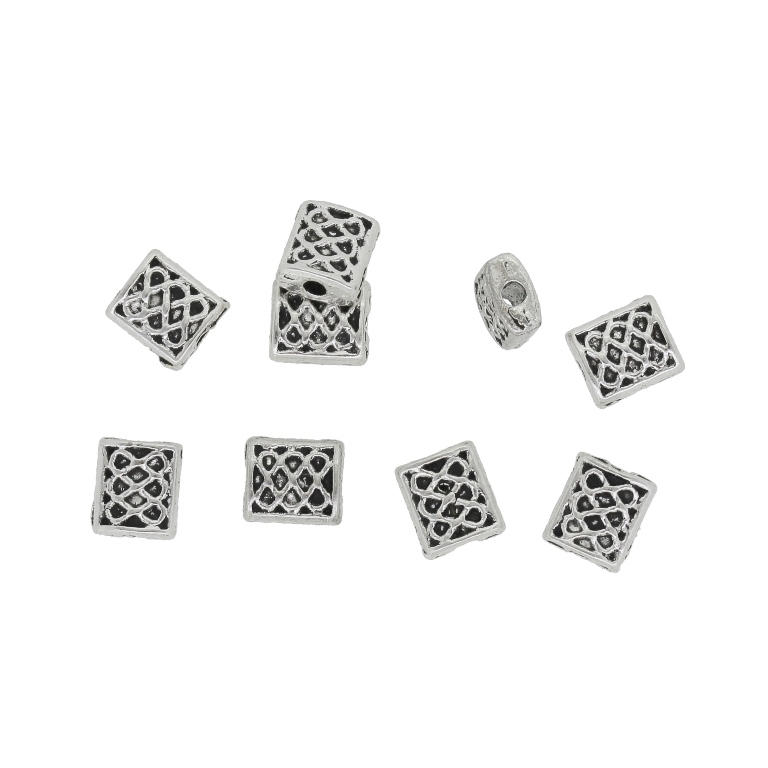 METAL BEADS - RECTANGLE RELIEF GRID - 7x6x3mm NICKEL - 20pcs. Hole-1.6mm