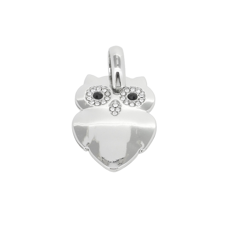 METAL - CHARMS PENDANT WITH HOLDER 1 HOLE UV COATING WITH CRYSTALS - OWL 03 - 28x40x4mm NICKEL COLOR AND WHITE-BLACK - PACKAGE 6pcs. Hole-2.4mm