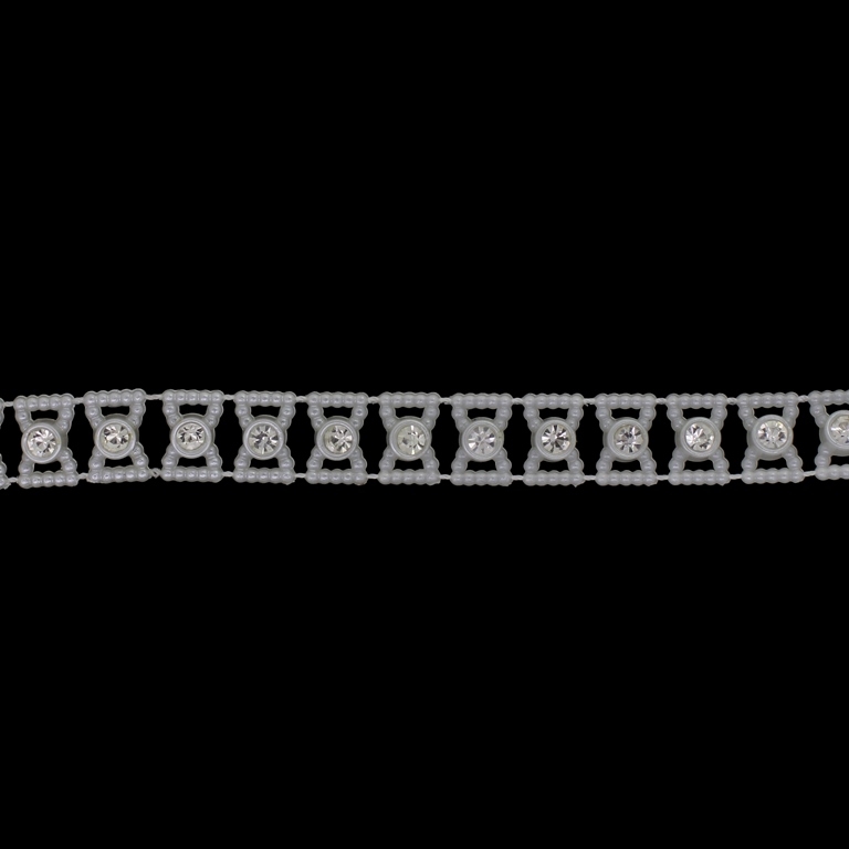 PLASTIC BEADED TRIM GARLAND - RIBBON 01 WITH CRYSTAL - 9x13x5mm WHITE - ROLL 10yards(9m)