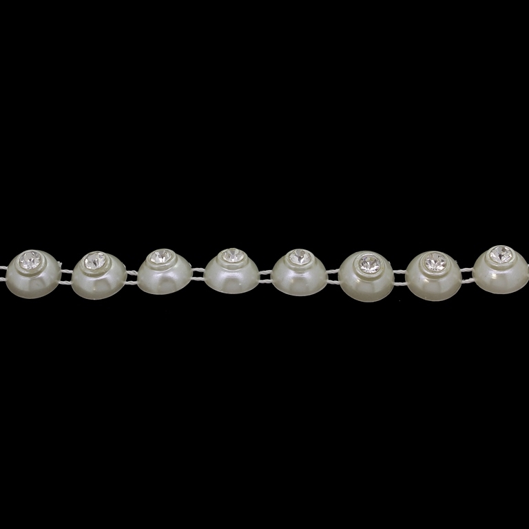 PLASTIC BEADED TRIM GARLAND - HEMISPHERE 04 WITH CRYSTAL - 10x6mm ECRU (LIGHT) WITH WHITE - ROLL 10yards(9m)