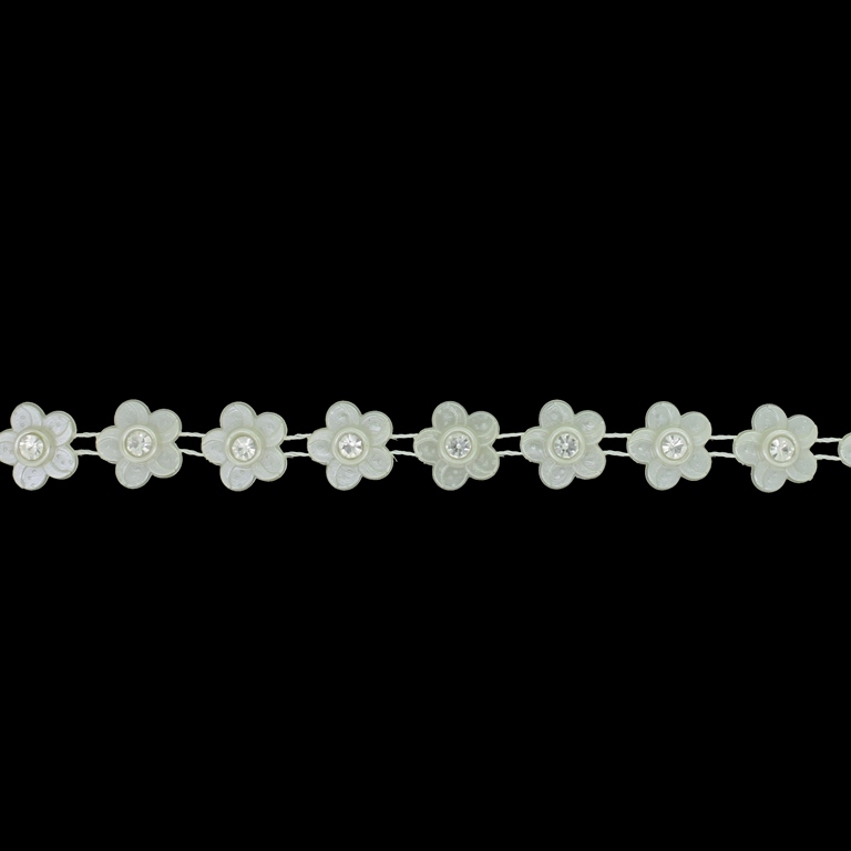 PLASTIC BEADED TRIM GARLAND - FLOWER 03 WITH CRYSTAL - 12x5mm ECRU (DARK) - ROLL 10yards(9m)