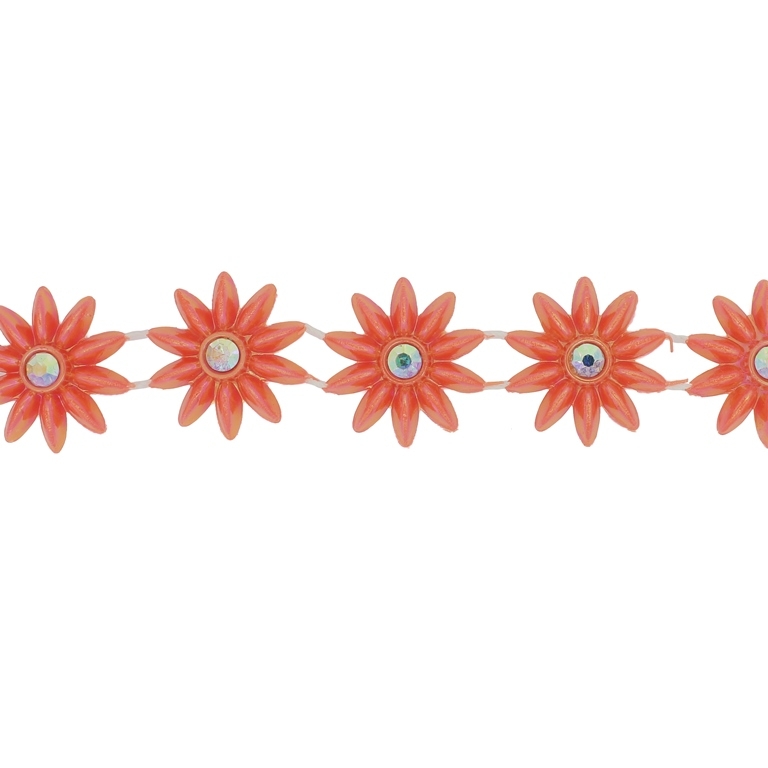 PLASTIC BEADED TRIM GARLAND - FLOWER 04 WITH CRYSTAL AB - 26x6mm ORANGE AB - ROLL 5yards(4.5m)