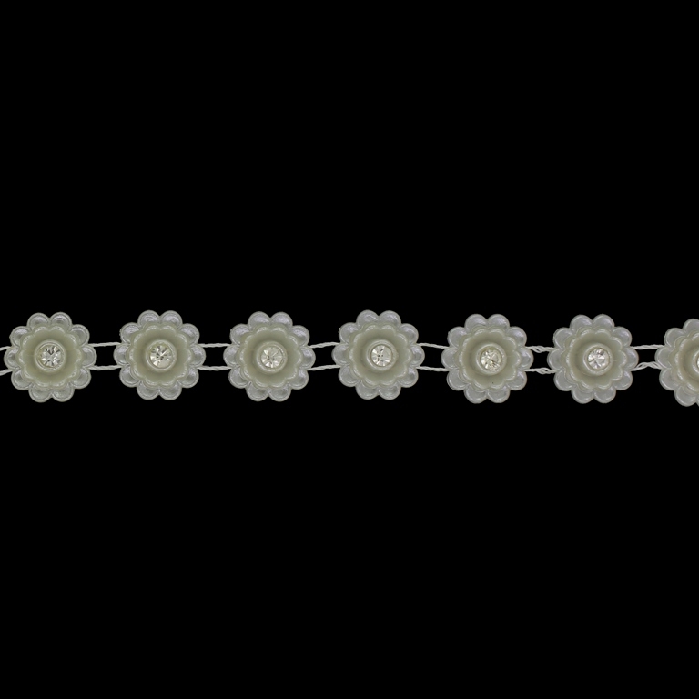 PLASTIC BEADED TRIM GARLAND - FLOWER 07 WITH CRYSTAL - 16x5mm ECRU (DARK) - ROLL 10yards(9m)