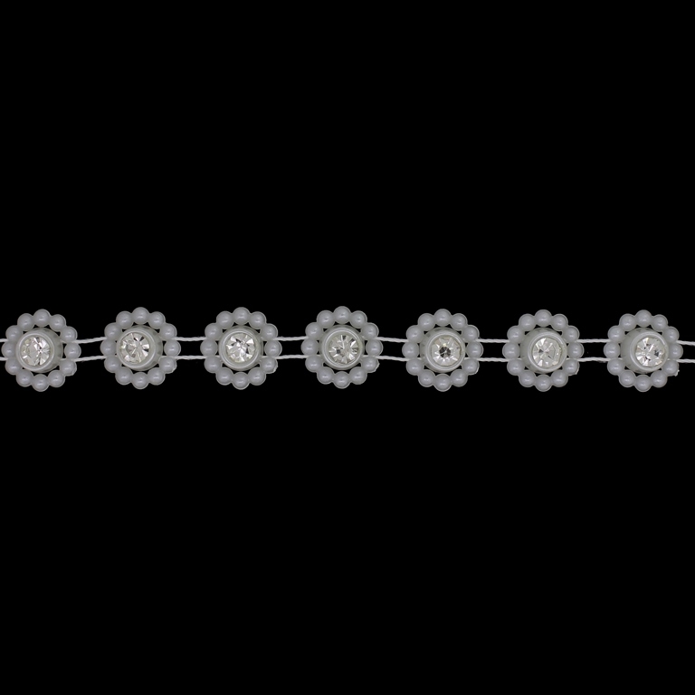 PLASTIC BEADED TRIM GARLAND - FLOWER 11 WITH CRYSTAL - 14x6mm WHITE - ROLL 10yards(9m)