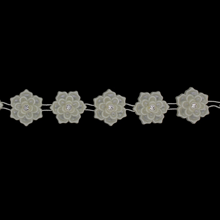 PLASTIC BEADED TRIM GARLAND - FLOWER 12 WITH CRYSTAL - 20x6mm ECRU (DARK) - ROLL 10yards(9m)