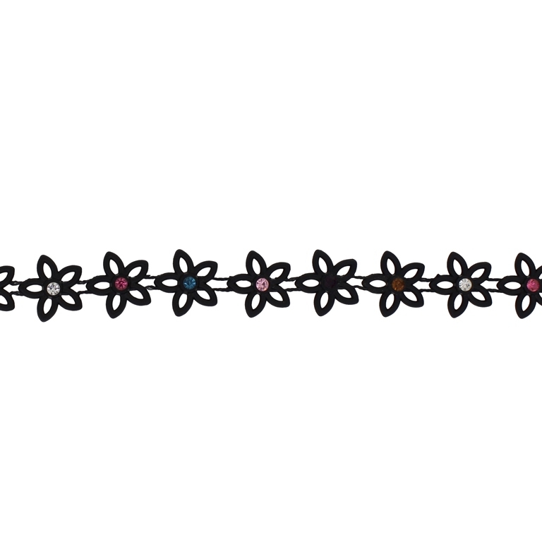 PLASTIC BEADED TRIM GARLAND - FLOWER 13 WITH CRYSTAL - 15x4mm BLACK WITH MIX - ROLL 10yards(9m)