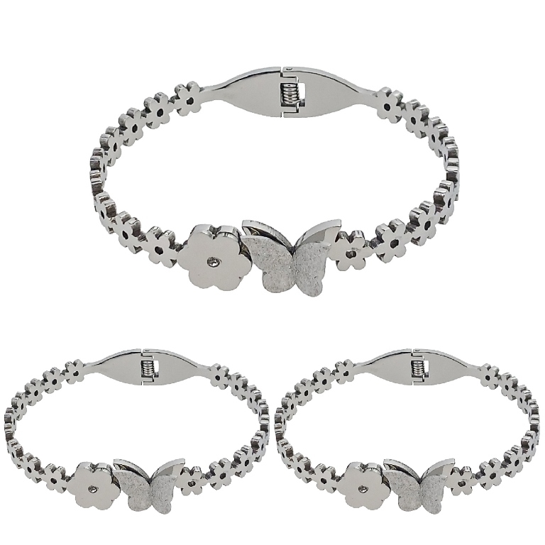 JEWELRY - HARD BRACELET - STAINLESS STEEL - BUTTERFLY 01 AND FLOWERS - 6x4.5cm NICKEL - PACKAGE 3pcs.