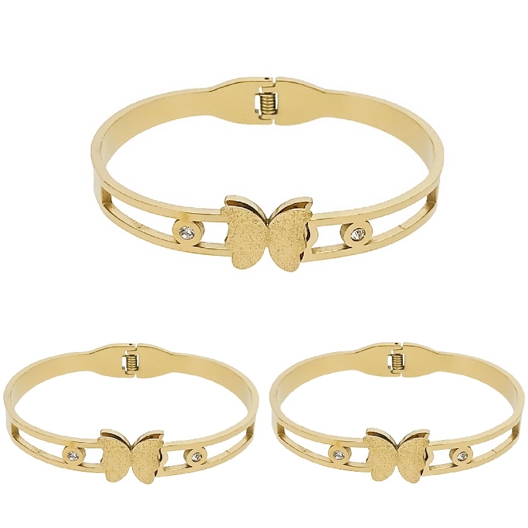 JEWELRY - HARD BRACELET - STAINLESS STEEL - BUTTERFLY 01 AND CRYSTALS HOOPS - 6x4.5cm GOLD - PACKAGE 3pcs.