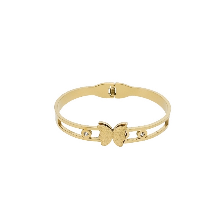 JEWELRY - HARD BRACELET - STAINLESS STEEL - BUTTERFLY 01 AND CRYSTALS HOOPS - 6x4.5cm GOLD - 1pc.