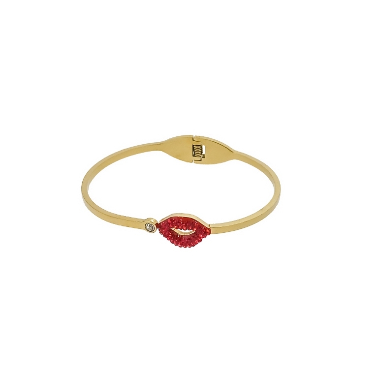 JEWELRY - HARD BRACELET - STAINLESS STEEL WITH CRYSTALS - LIPS 01 - 6x4.5cm GOLD WITH RED - 1pc.