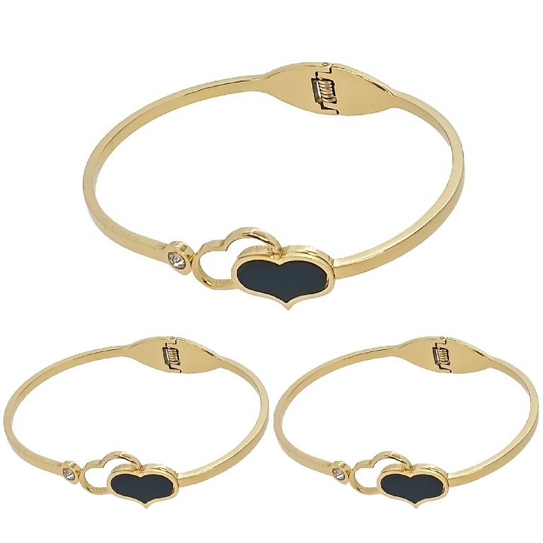 JEWELRY - HARD BRACELET - STAINLESS STEEL PENDANT AND CRYSTAL - HEARTS 01 - 6x4.5cm GOLD AND BLACK - PACKAGE 3pcs.