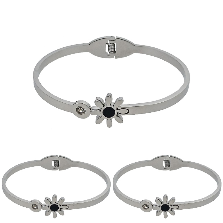 JEWELRY - HARD BRACELET - STAINLESS STEEL PENDANT AND CRYSTAL - FLOWER 01 - 6x4.5cm NICKEL AND BLACK - PACKAGE 3pcs.