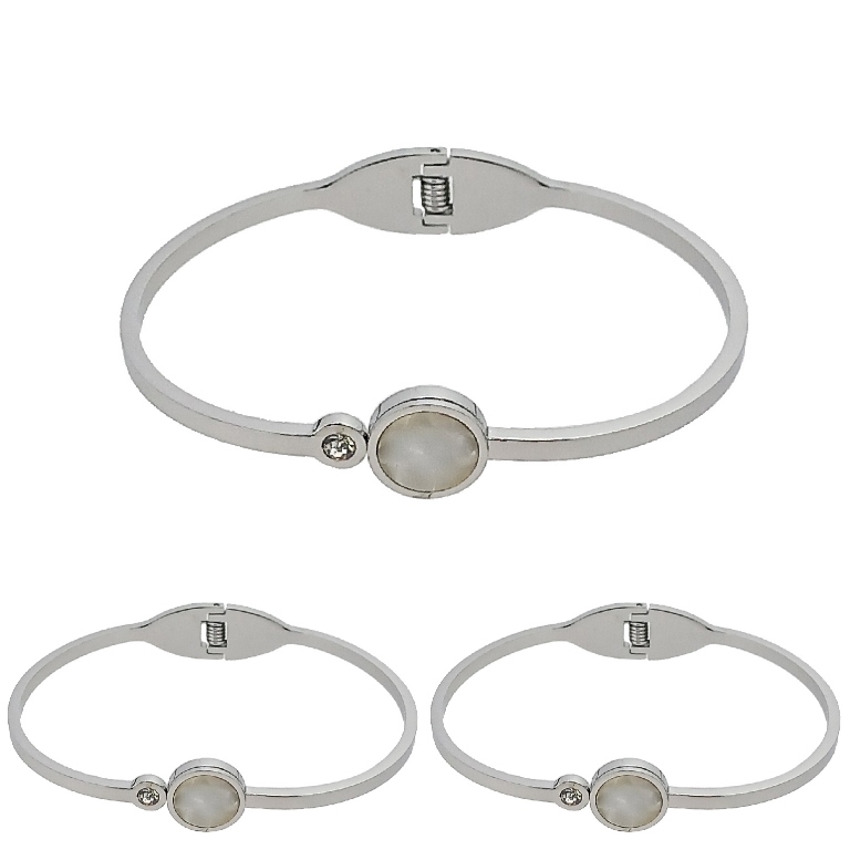 JEWELRY - HARD BRACELET - STAINLESS STEEL WITH MOTHER OF PEARL AND CRYSTAL - CIRCLE 01 - 6x4.5cm NICKEL AND BLACK - PACKAGE 3pcs.