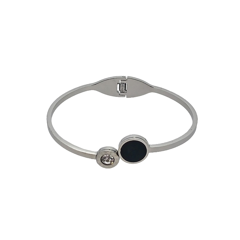 JEWELRY - HARD BRACELET - STAINLESS STEEL PENDANT AND CRYSTAL - CIRCLE WITH ROMAN NUMERALS 02 - 6x4.5cm NICKEL AND BLACK - 1pc.