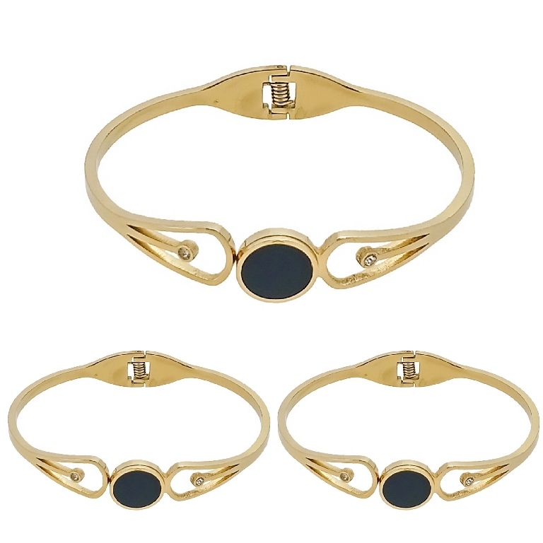 JEWELRY - HARD BRACELET - STAINLESS STEEL PENDANT AND CRYSTALS - CIRCLE 02 - 6x4.5cm GOLD AND BLACK - PACKAGE 3pcs.