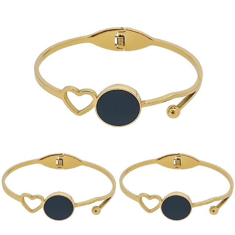 JEWELRY - HARD BRACELET - STAINLESS STEEL PENDANT - CIRCLE AND HEART CONTOUR 01 - 6x4.5cm GOLD AND BLACK - PACKAGE 3pcs.