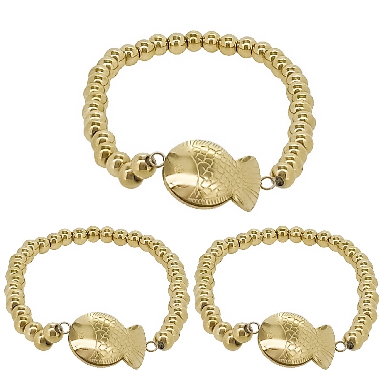 JEWELRY - ELASTIC BRACELET - STAINLESS STEEL - BALL 5mm - FISH 01 - GOLD - PACKAGE 3pcs.