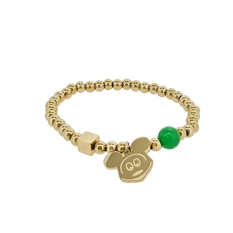 JEWELRY - ELASTIC BRACELET WITH PENDANT - STAINLESS STEEL - BALL 5mm - NATURAL STONE 02 - MICKEY AND CRYSTAL 01 - GOLD AND GREEN - 1pc.