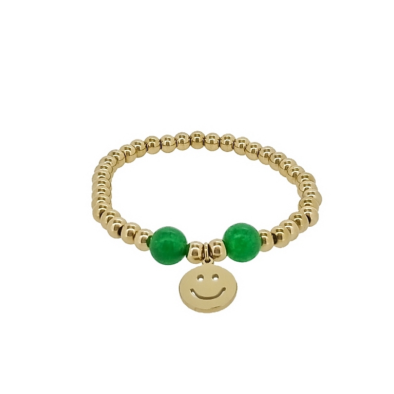 JEWELRY - ELASTIC BRACELET WITH PENDANT - STAINLESS STEEL - BALL 5mm - NATURAL STONE 03 - EMOTICON 01 - GOLD AND GREEN - 1pc.