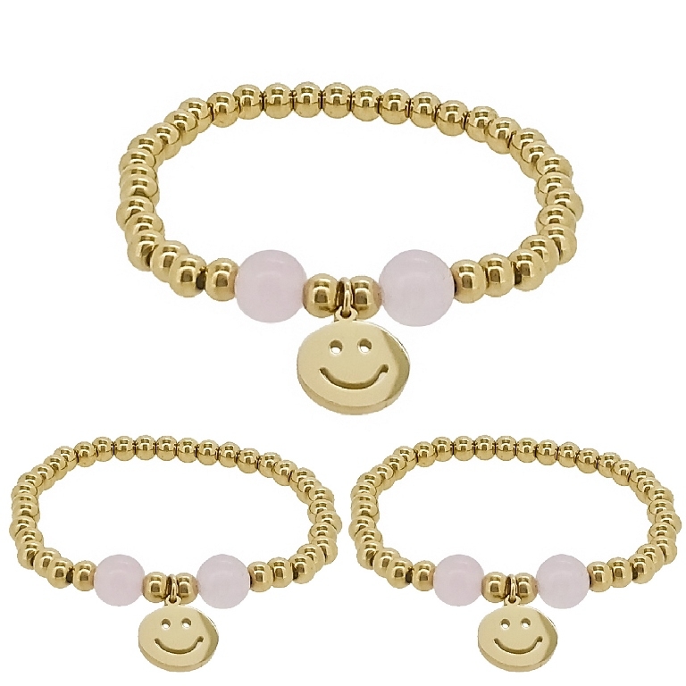 JEWELRY - ELASTIC BRACELET WITH PENDANT - STAINLESS STEEL - BALL 5mm - NATURAL STONE 03 - EMOTICON 01 - GOLD AND PINK - PACKAGE 3pcs.