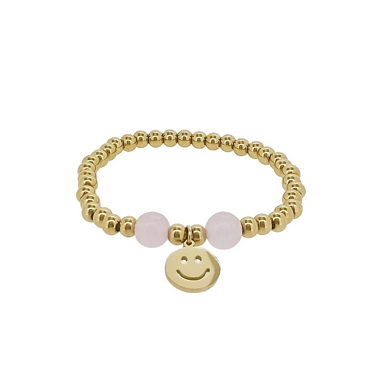 JEWELRY - ELASTIC BRACELET WITH PENDANT - STAINLESS STEEL - BALL 5mm - NATURAL STONE 03 - EMOTICON 01 - GOLD AND PINK - 1pc.