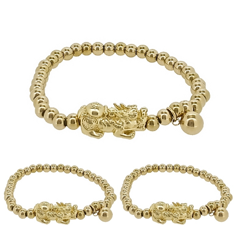 JEWELRY - ELASTIC BRACELET WITH PENDANT - STAINLESS STEEL - BALL 5mm - DRAGON 01 - GOLD - PACKAGE 3pcs.