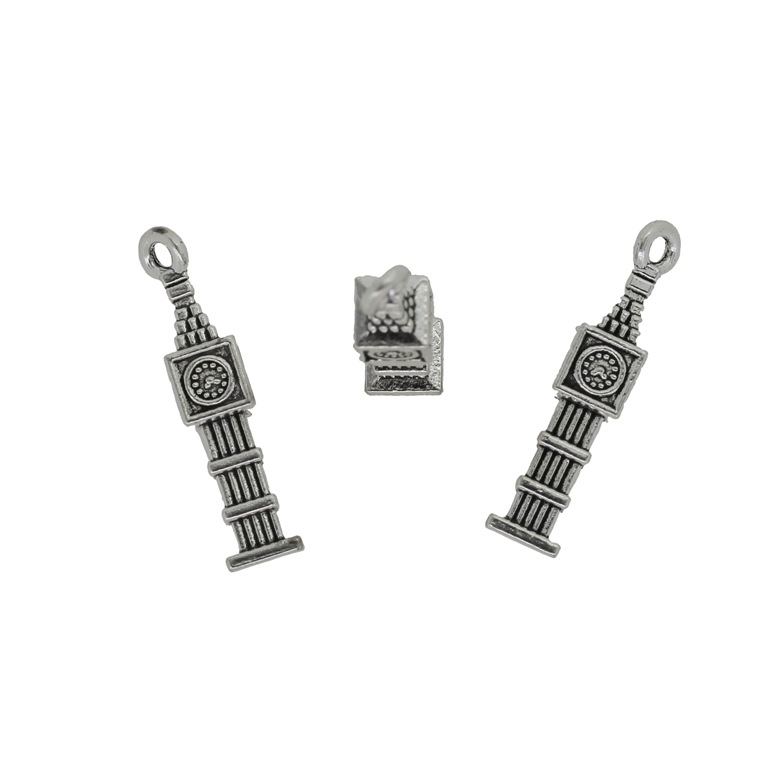 METAL BEADS - PENDANT - BIG BEN CLOCK TOWER - 8x27x8mm NICKEL - 4pcs.  Hole-2.0mm