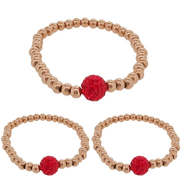 JEWELRY - ELASTIC BRACELET - STAINLESS STEEL - BALL 5mm - SHAMBALA 01 - ROSE GOLD AND RED - PACKAGE 3pcs.