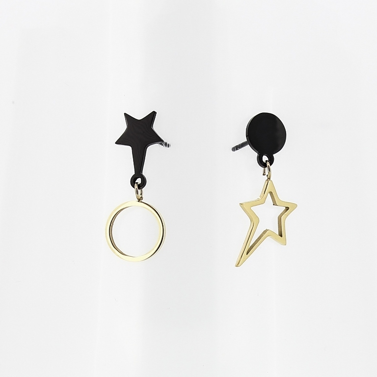 JEWELRY - EARRINGS - SCREW - STAINLESS STEEL - CIRCLE AND STAR 01 - 1.4x1.2cm GOLD AND BLACK - PACKAGE 6 pairs