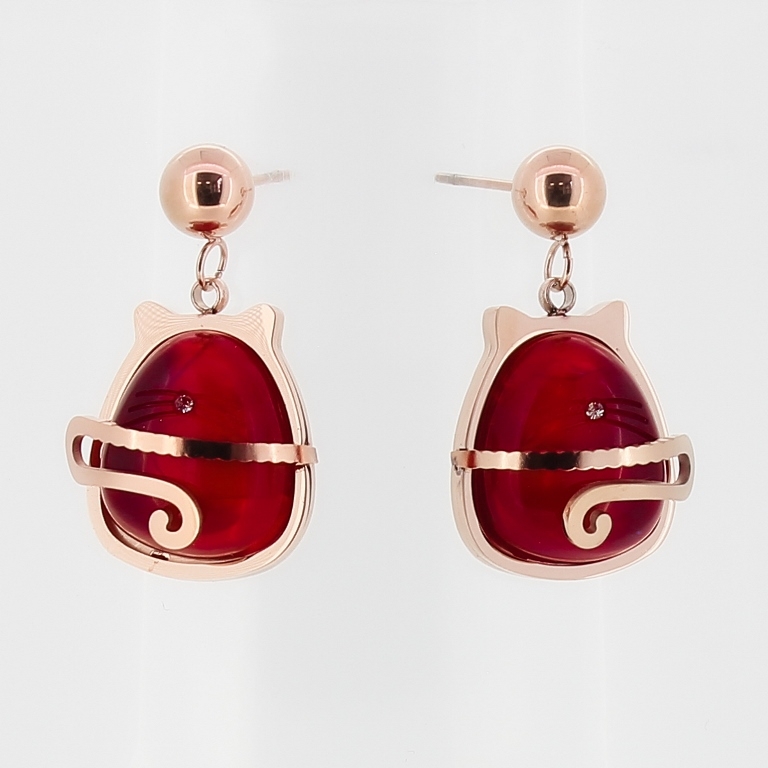 JEWELRY - EARRINGS - SCREW - STAINLESS STEEL AND RESIN - CAT 01 - 1.5x2.5cm ROSE GOLD AND RED - 1 pair