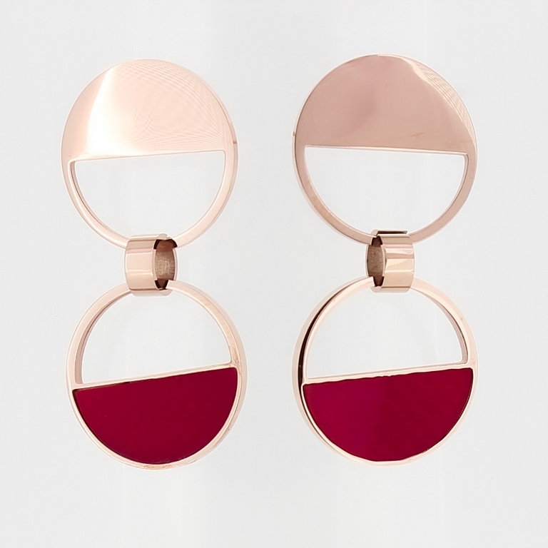 JEWELRY - EARRINGS - SCREW - STAINLESS STEEL AND RESIN - CIRCLES 02 - 1.8x3.8cm ROSE GOLD AND RED - 1 pair