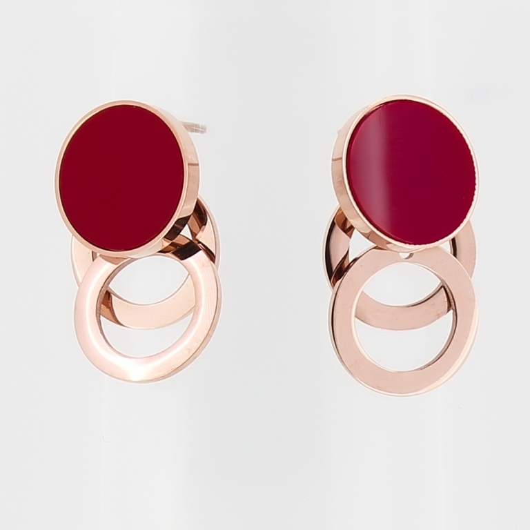 JEWELRY - EARRINGS - SCREW - STAINLESS STEEL AND RESIN - CIRCLES 03 - 1.5x2.5cm ROSE GOLD AND RED - 1 pair