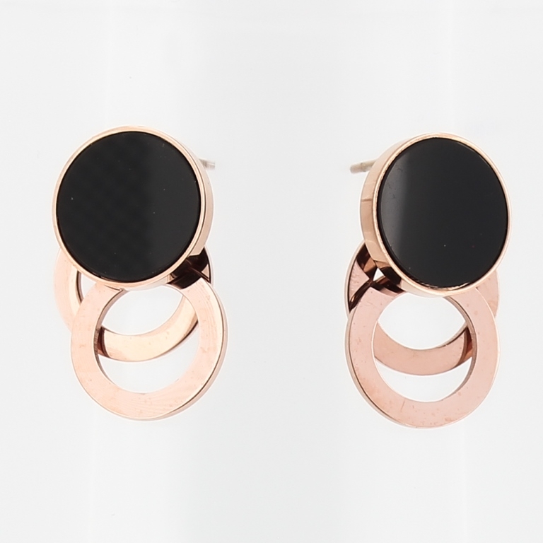 JEWELRY - EARRINGS - SCREW - STAINLESS STEEL AND RESIN - CIRCLES 03 - 1.5x2.5cm ROSE GOLD AND BLACK - PACKAGE 6 pairs