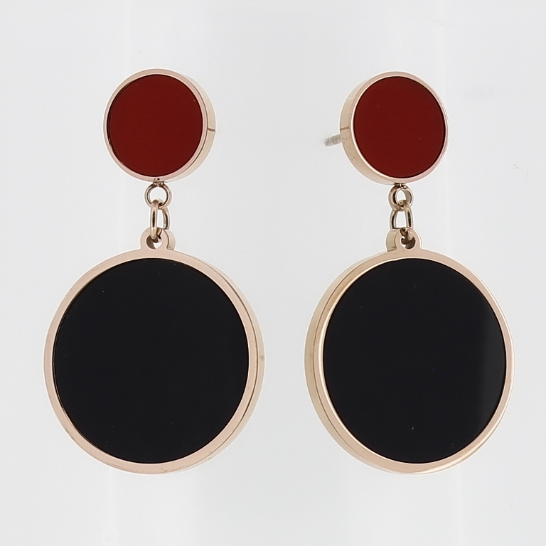 JEWELRY - EARRINGS - SCREW - STAINLESS STEEL AND RESIN - CIRCLES 04 - 2x3.5cm ROSE GOLD WITH BLACK AND RED - 1 pair