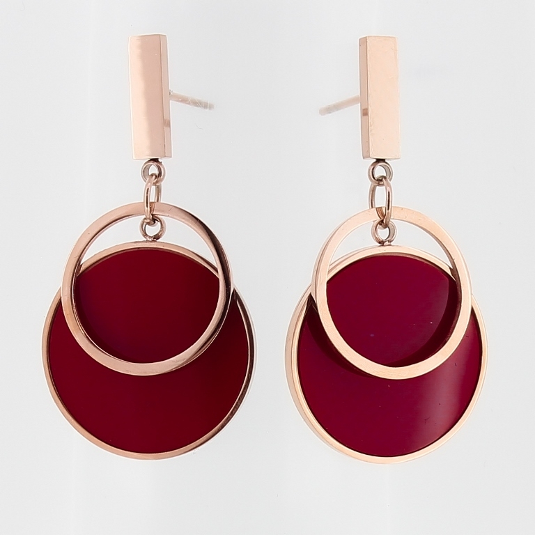 JEWELRY - EARRINGS - SCREW - STAINLESS STEEL AND RESIN - ROD 03 WITH CIRCLES - 2x3.8cm ROSE GOLD AND RED - 1 pair