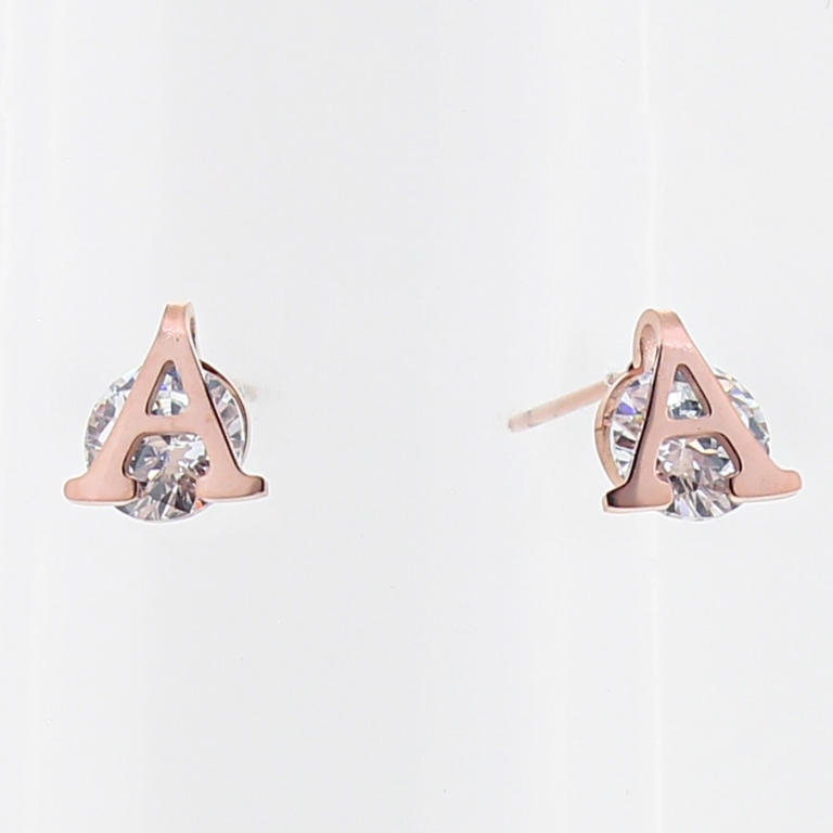 JEWELRY - EARRINGS - SCREW - STAINLESS STEEL AND ZIRCON - LETTER А 01 - 0.9x0.9cm ROSE GOLD - 1 pair