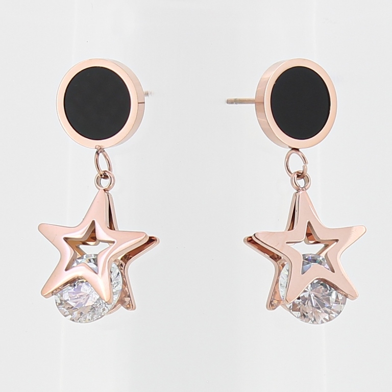 JEWELRY - EARRINGS - SCREW - STAINLESS STEEL AND ZIRCON - CIRCLE 01 AND STAR - 1.4x3cm ROSE GOLD AND BLACK - PACKAGE 6 pairs